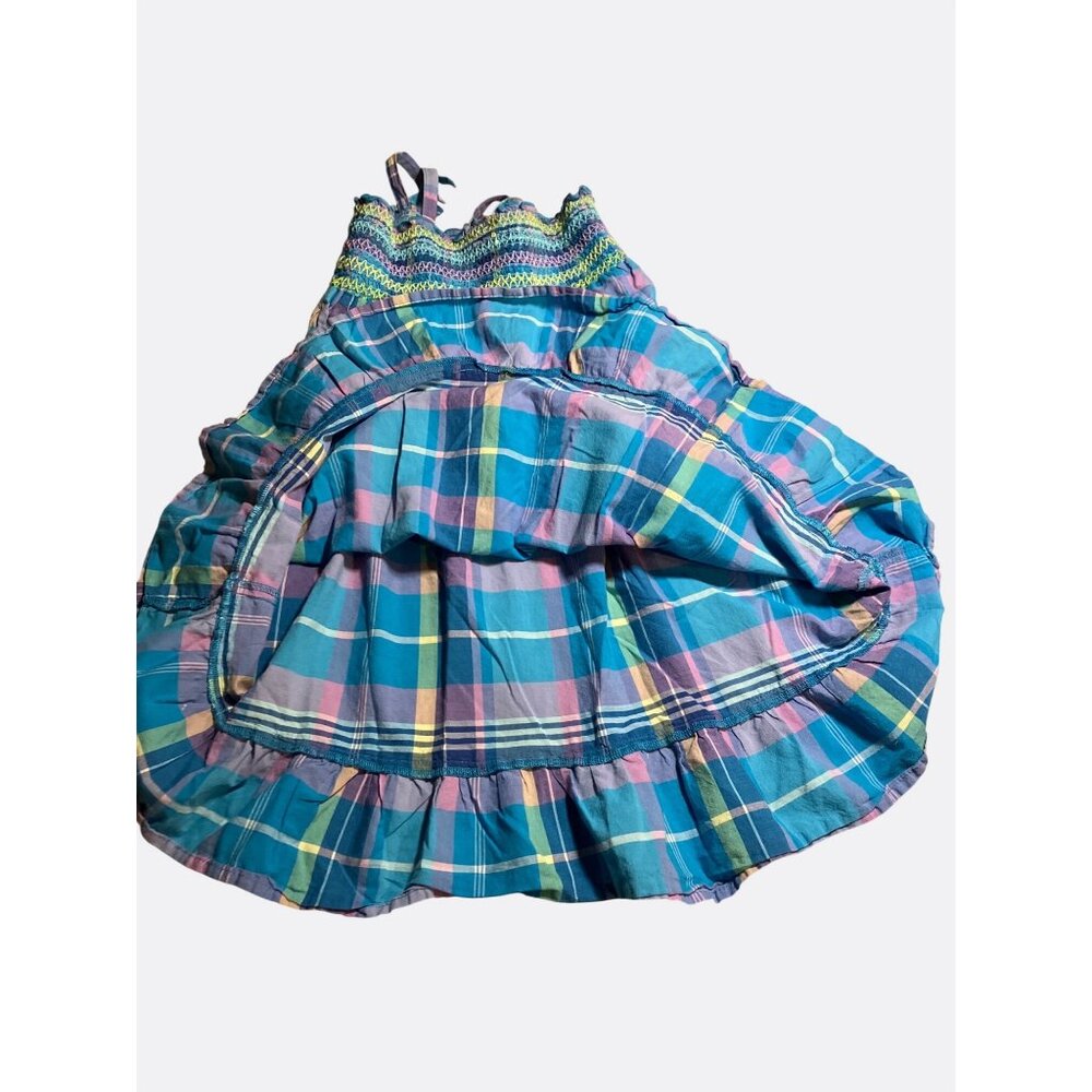 Plaid Smocked Sundress BlueTeal Multicolor Cotton Shirred Bodice Ruffle Hem sz 5 - Picture 8 of 9